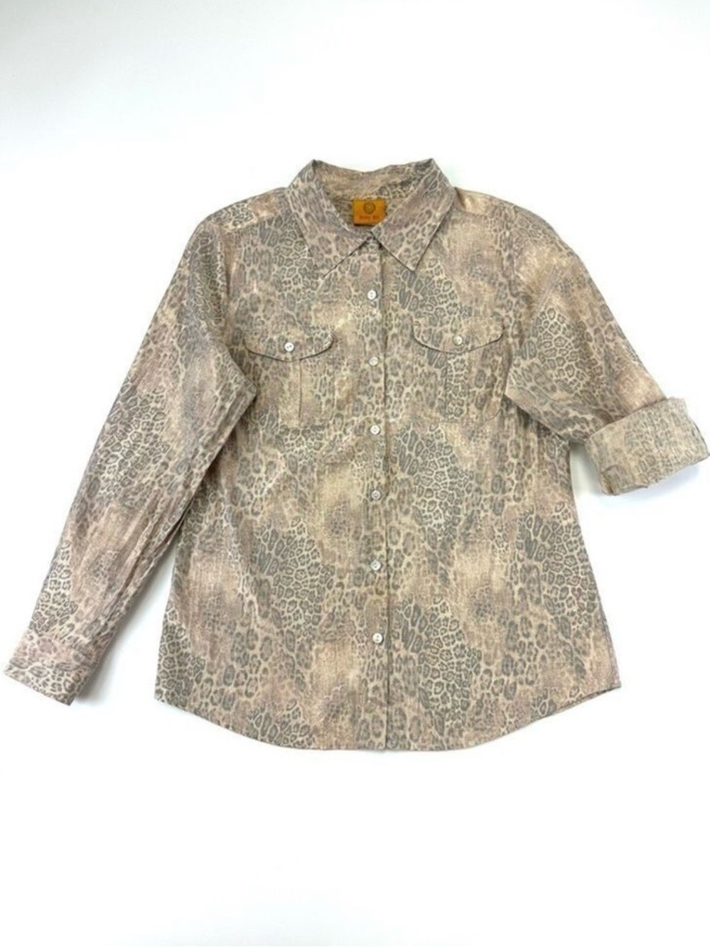 Ruby Road gold cheetah blouse Small roll tab sleeve metallic Animal print